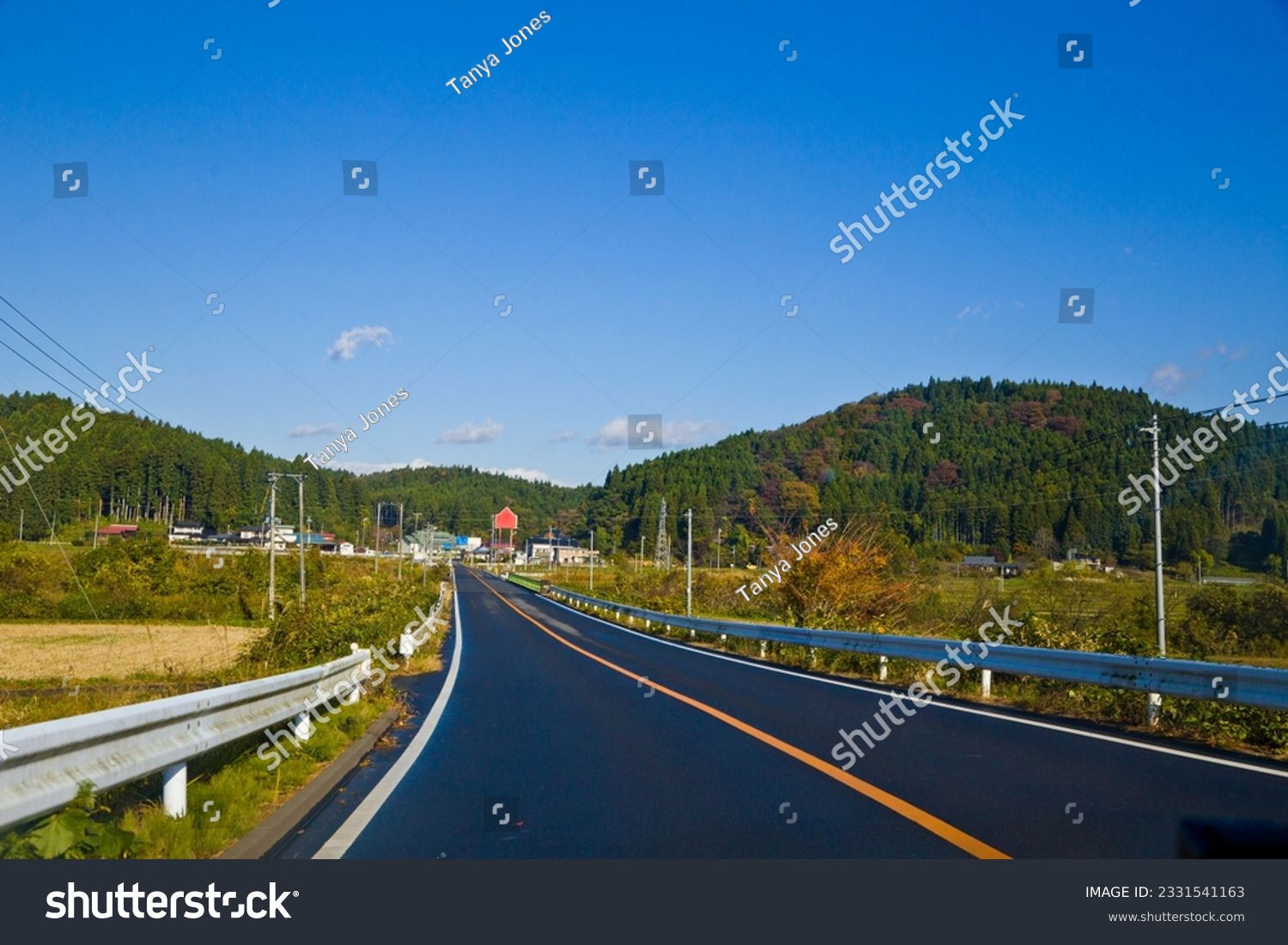 Tohoku drive trip : Lanscape of Yamagata countryside with mountains road and rice paddies, Yamagata, Tohoku, Japan. #2331541163