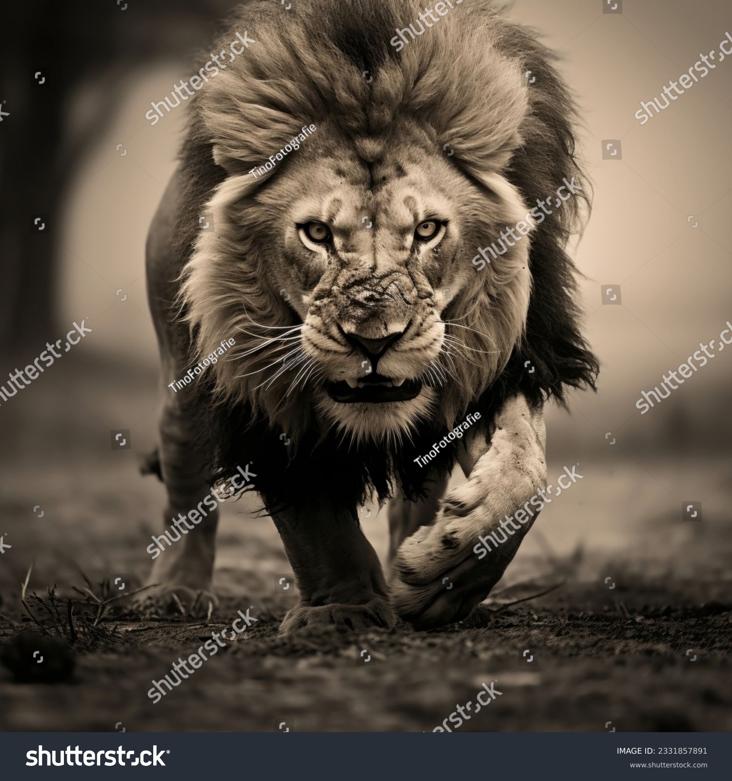 powerful male lion with mane in aggressive attack stance, High quality photo #2331857891
