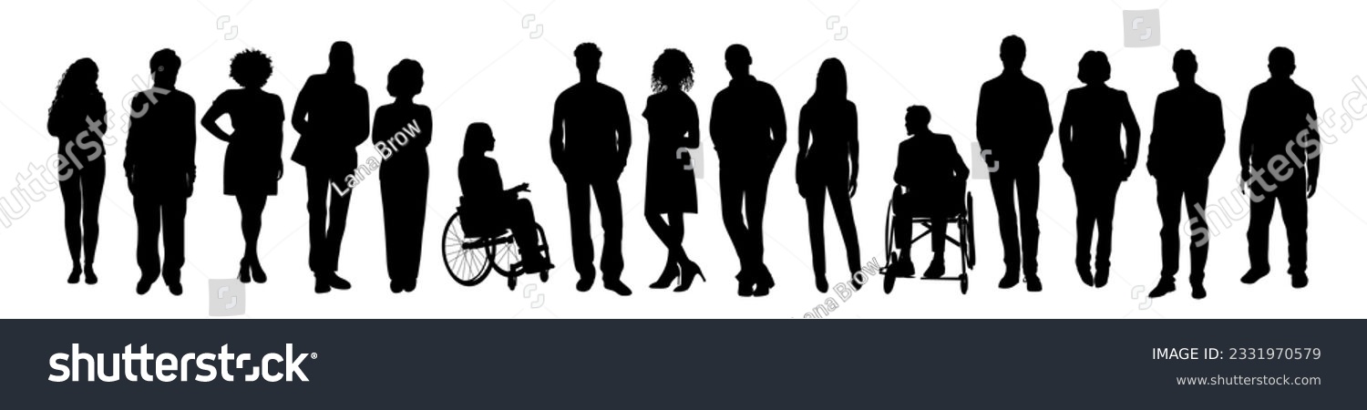 Silhouettes of diverse business people standing, men and women full length, disabled person sitting in wheelchair. Inclusive business concept. Vector illustration isolated on white background. #2331970579
