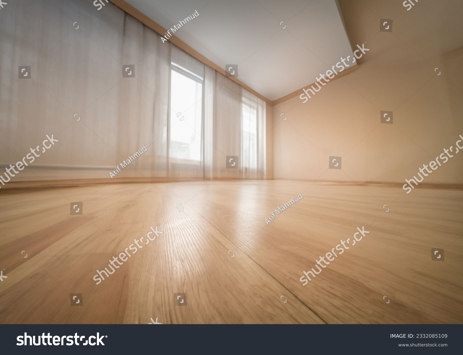 Empty wooden floor closeup and room ceiling and doors with light reflection #2332085109