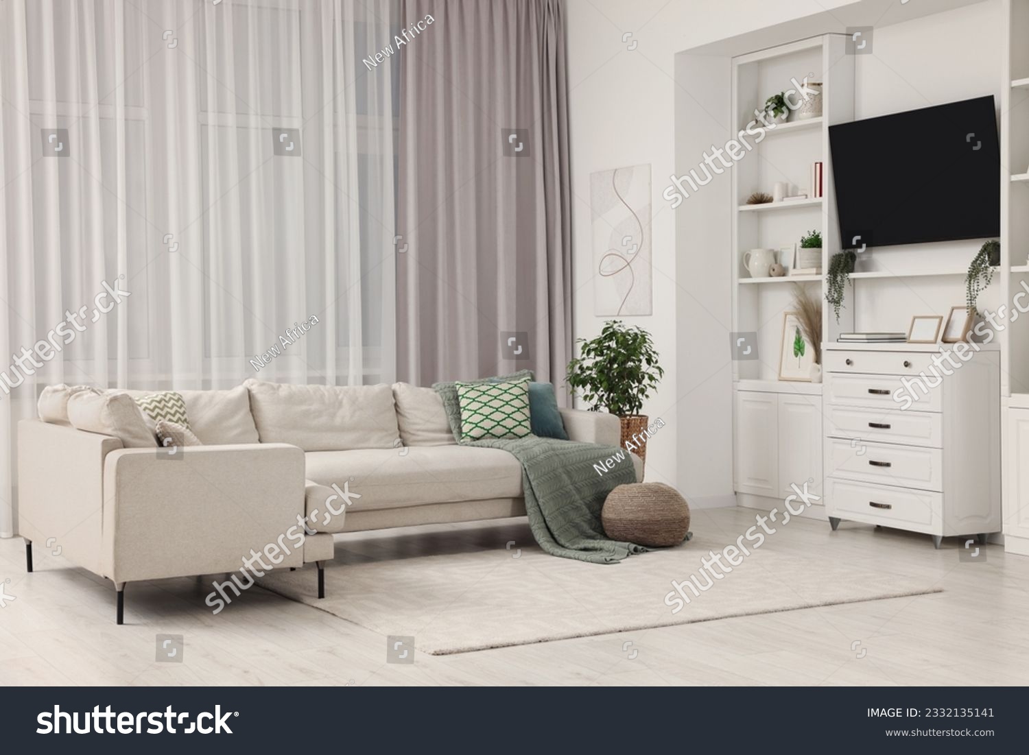 Stylish living room interior with comfortable sofa, TV set and houseplant #2332135141