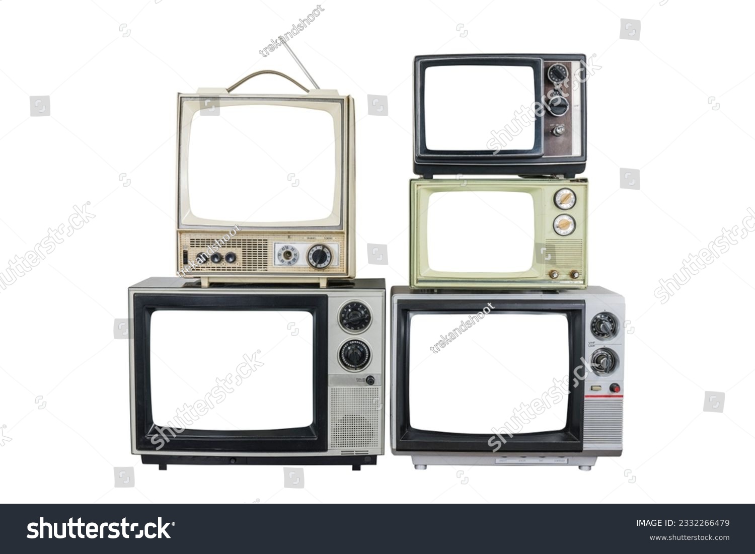 Five vintage televisions with cut out screens isolated. #2332266479