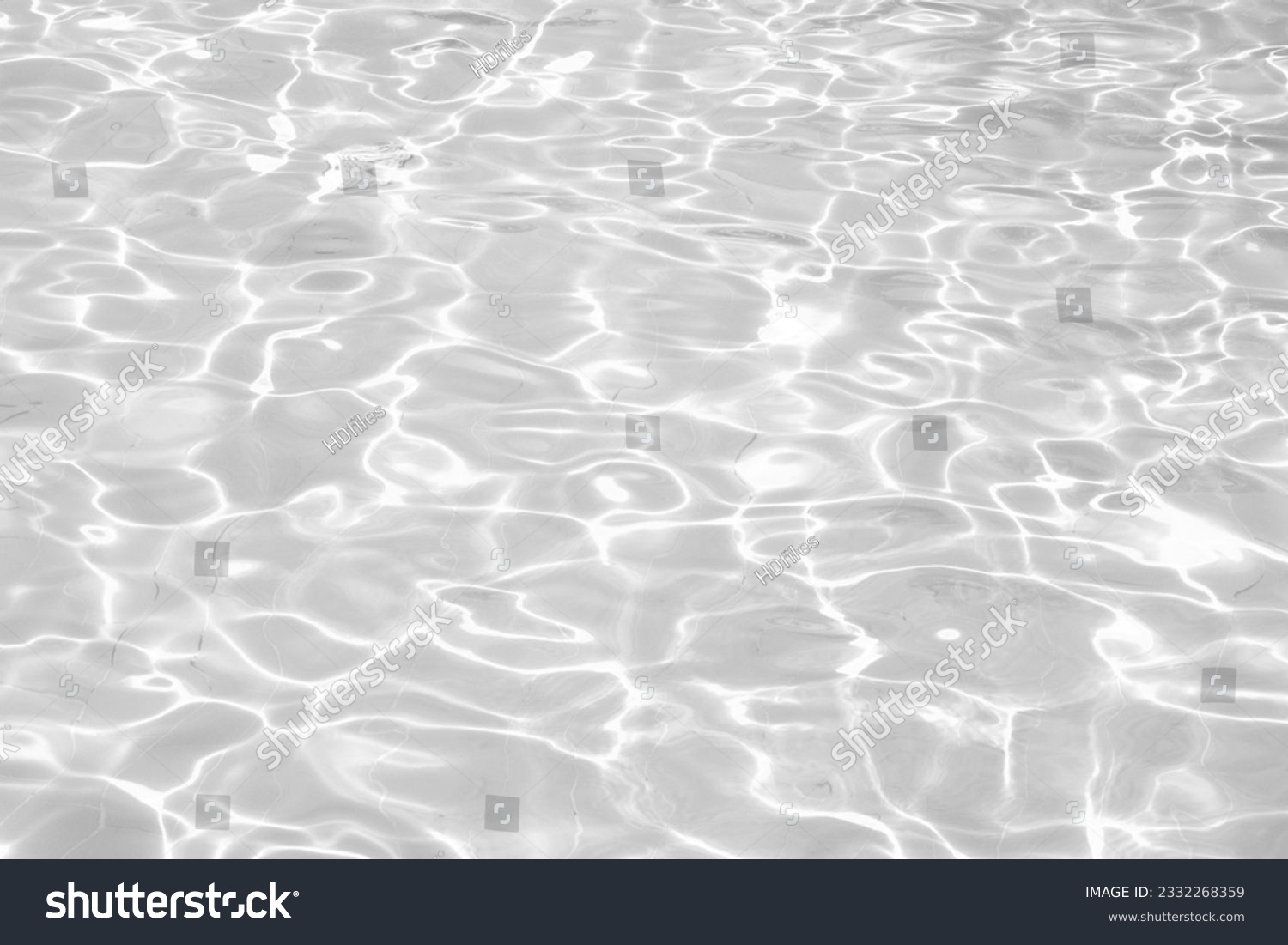 Blurred desaturated transparent clear calm water surface texture with splashes and bubbles. Trendy abstract nature background. #2332268359