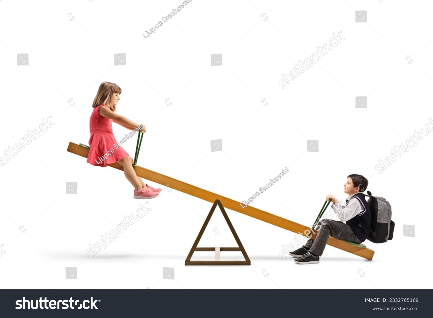 Sister and brother playing on a seesaw isolated on white background #2332765169