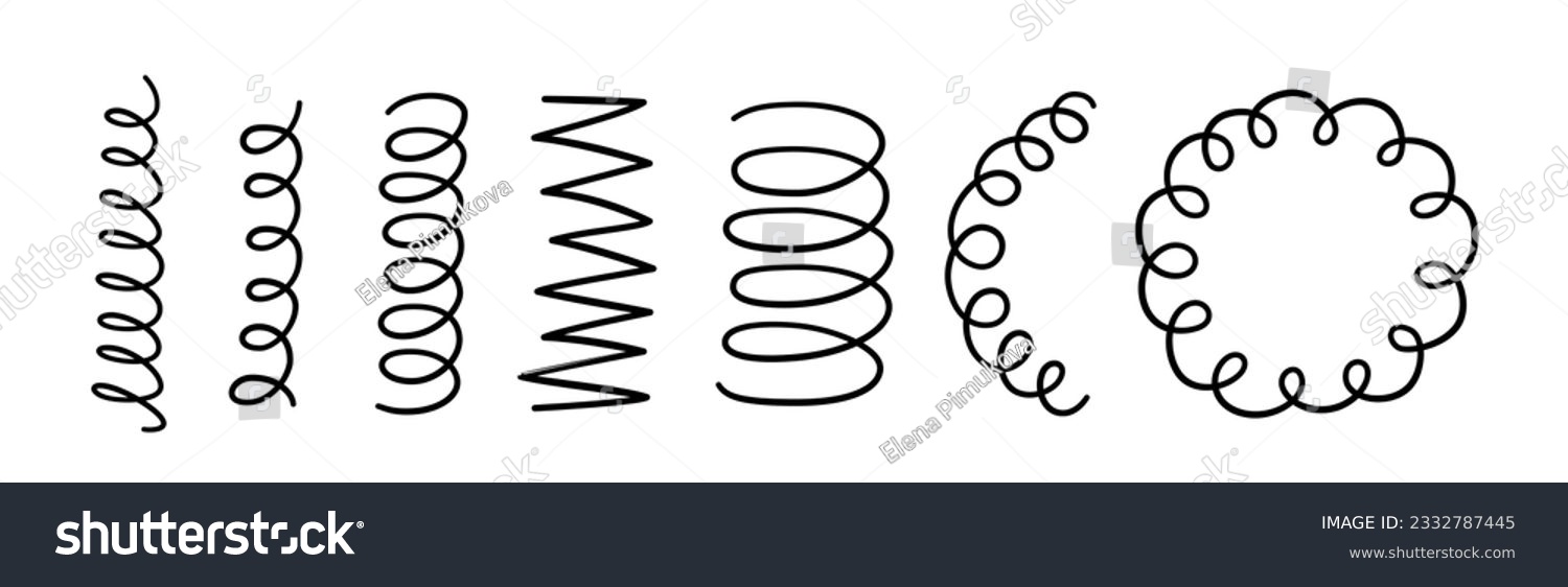 Hand drawn spiral springs set. Doodle flexible coils, wire spring symbols. Metal coil spiral icons. Vector illustration isolated on white background. #2332787445