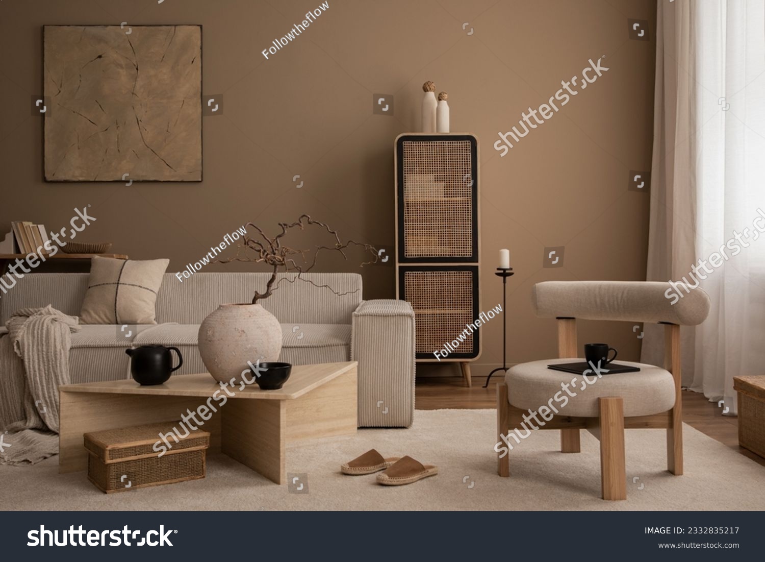 Elegant composition of warm living room interior with mock up poster frame, modular sofa, travertine coffee table, gray armchair, rattan sideboard, lamp and personal accessories. Home decor. Template. #2332835217