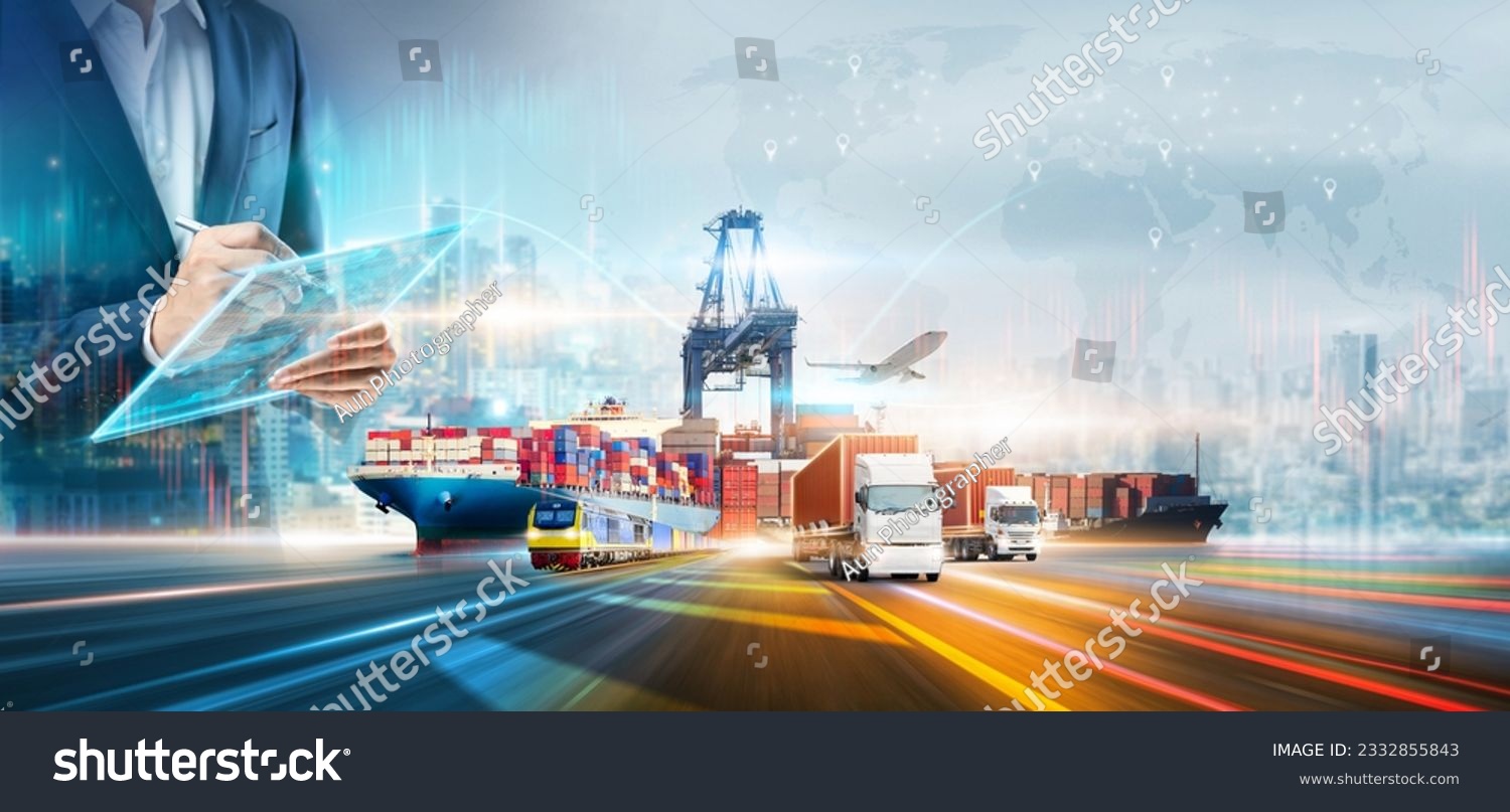 Innovation technology digital future of logistics freight transportation import export concept, Manager using tablet control online tracking cargo delivery distribution on city world map background #2332855843