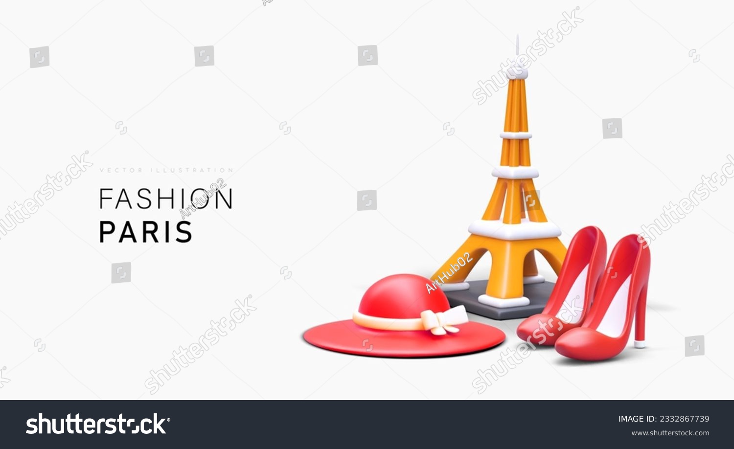 Fashion Paris. Realistic Eiffel Tower, hat, high heels. Color advertising of shopping tours in capital of France. Vacations with visits to fashion shows, boutiques, and shops #2332867739