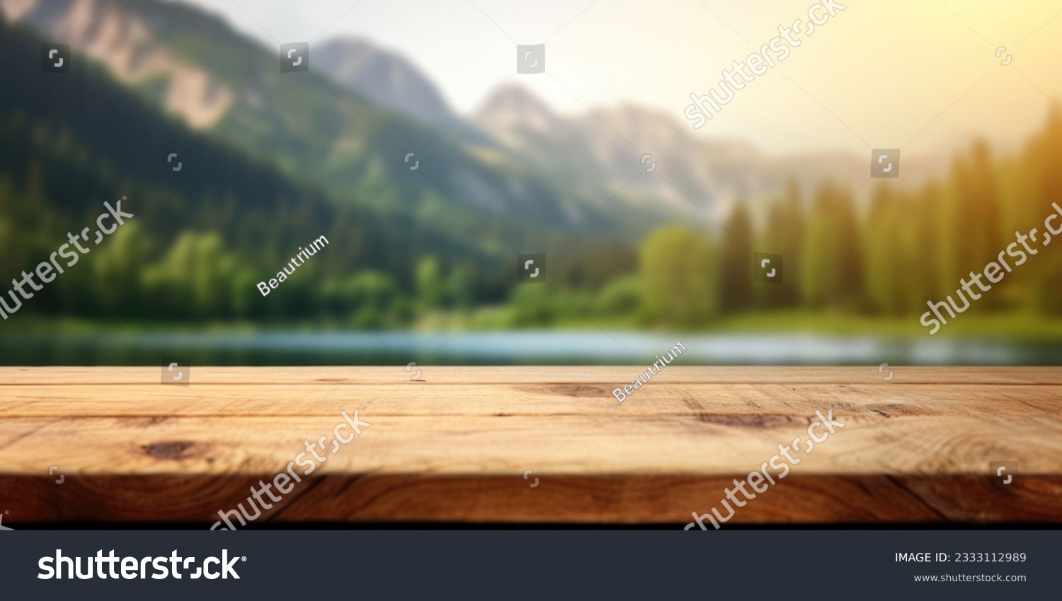 The empty wooden table top with blur background of summer lakes mountain. Exuberant image. #2333112989