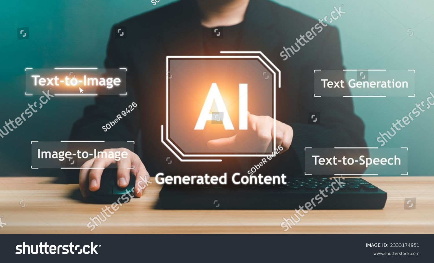 AI, Artificial Intelligence, AI generated content Concept. Artist Man using AI Art to generate image content. Text to image command prompt generates, technology Business, futuristic transformation. #2333174951