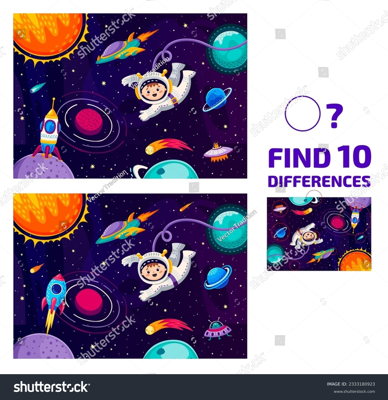 Find ten differences at galaxy landscape, astronaut in outer space and rocketship, vector puzzle game. Cartoon spaceman with alien UFO and rocket spaceship in kids quiz to find ten differences #2333180923
