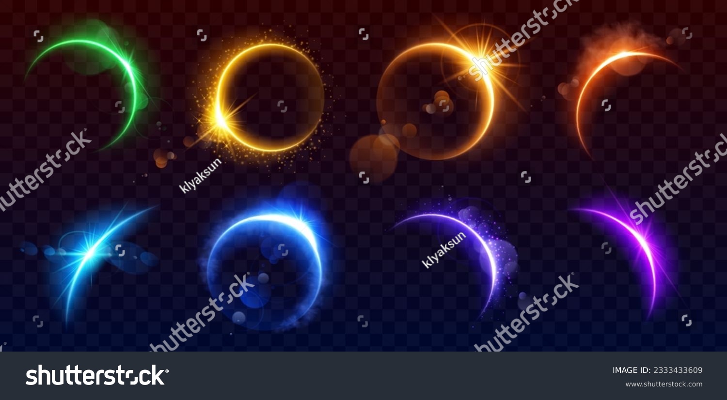Realistic set of solar eclipse overlay effect on transparent background. Vector illustration of neon blue, yellow, green, purple blazing star edge behind planet in dark sky. Space design elements #2333433609