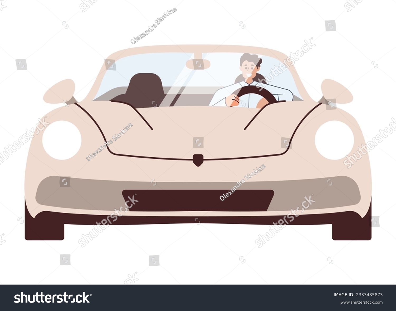 Man in cabrio car at road trip. Man driving convertible. Business concept. Summer auto ride in open top. Flat vector illustration isolated on white background #2333485873