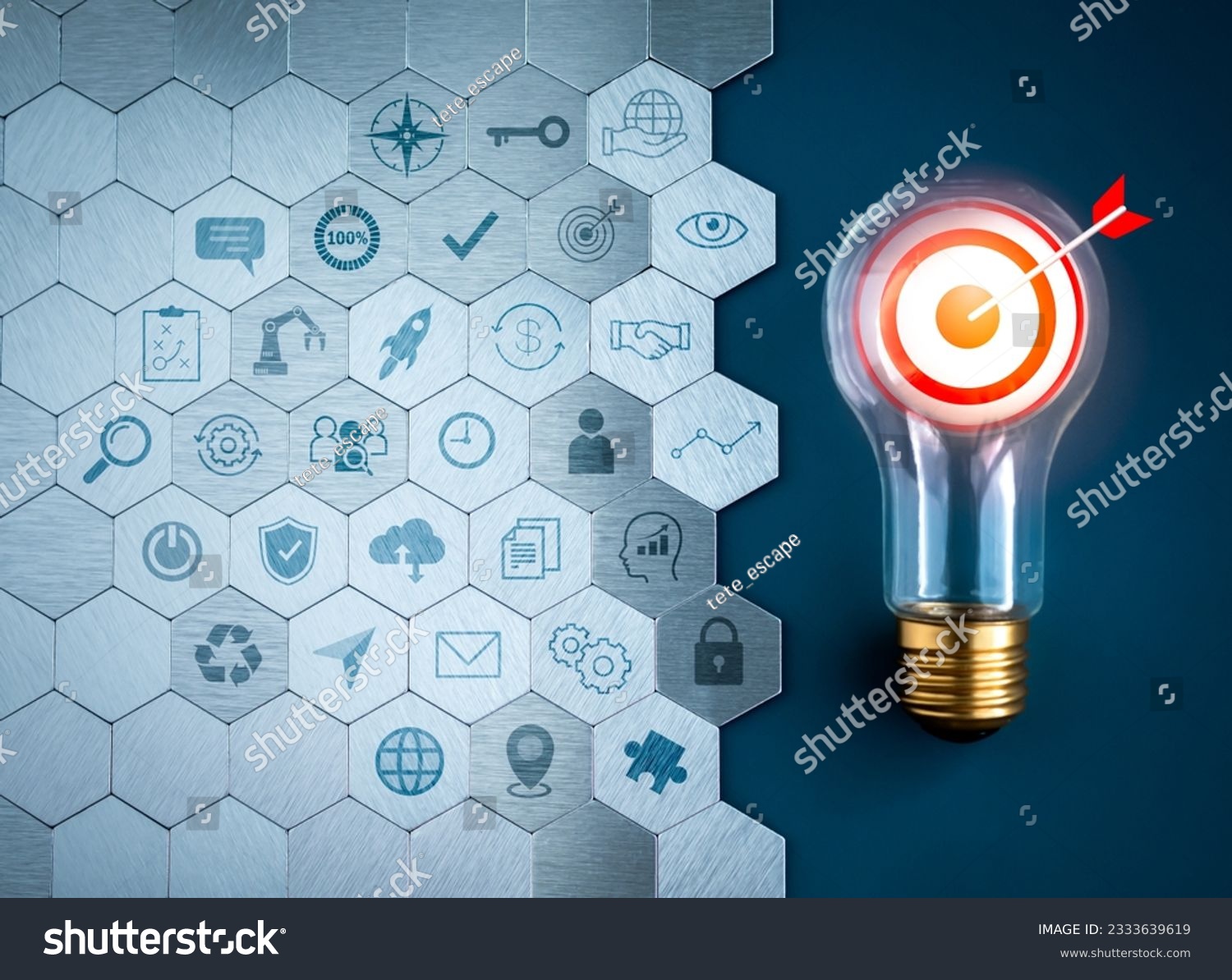 Digital marketing startup plan, business management action and development concepts. 3d target dart in creative idea light bulb and strategic element icons on hexagon pattern, blue background. #2333639619