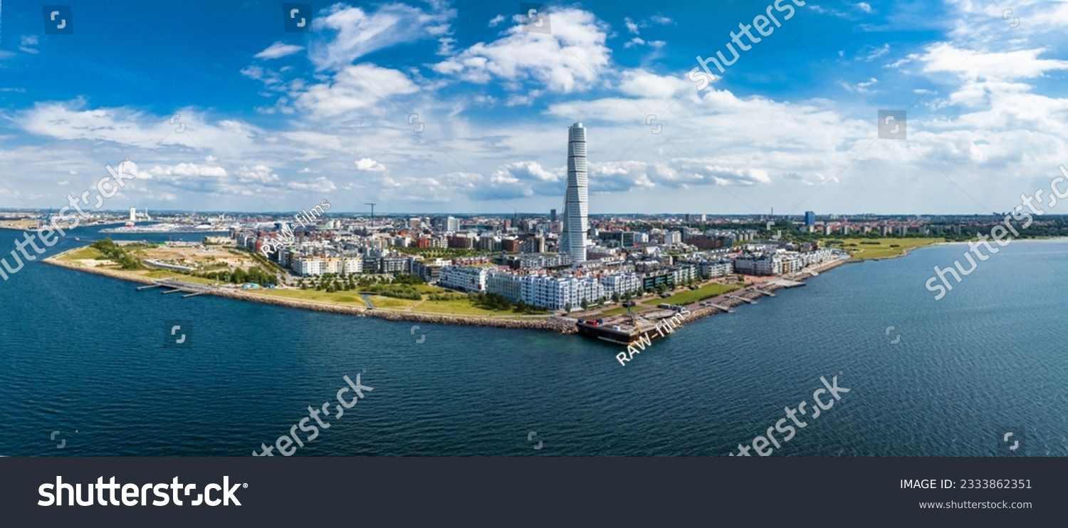 Beautiful aerial panoramic view of the Malmo city in Sweden. Turning Torso skyscraper in Malmo, Sweden. #2333862351