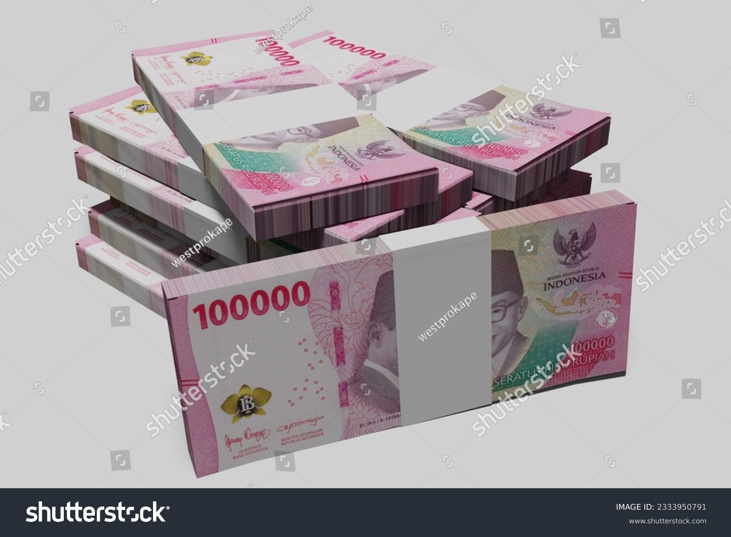 Stack of Indonesian Rupiah notes. 3D Rendering of Bundles of Indonesian currency notes on white background #2333950791