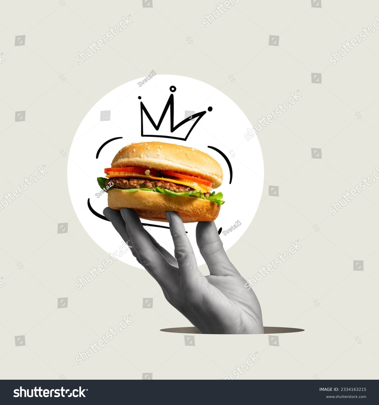 A hand holds a burger with a hand-drawn crown. Art collage. #2334163215