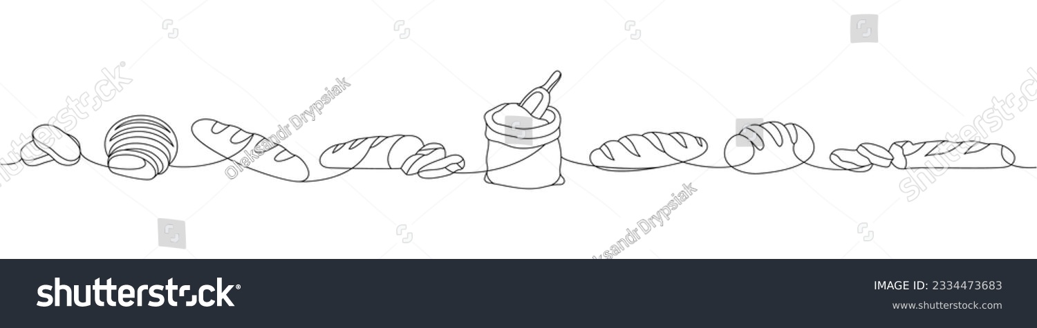Set of fresh breads one line continuous drawing. Bakery pastry products continuous one line illustration. Vector minimalist linear illustration. #2334473683