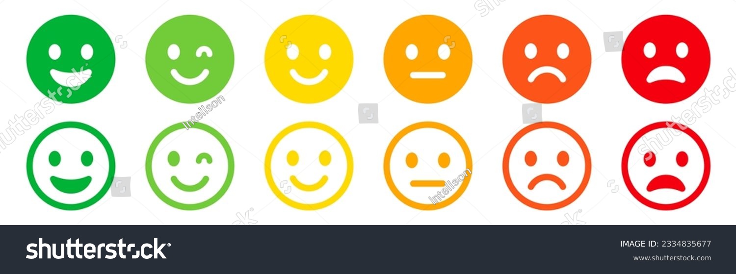 Emoticons icons set. Emoji faces collection. Emojis flat style. Happy happy, smile, neutral, sad and angry emoji. Line smiley face - stock vector #2334835677