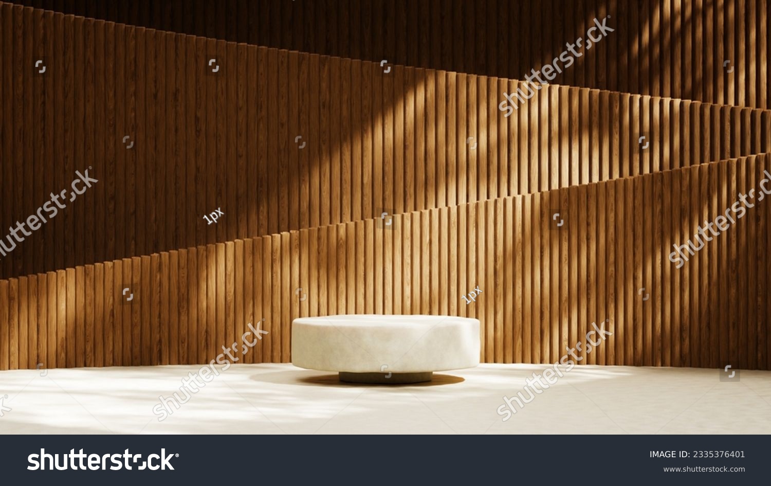 Luxurious stonemarble pedestal basks in foliage gobo sunlight. Wooden rod backdrop adds depth and elegance. Ideal for premium product showcases and sophisticated designs. #2335376401
