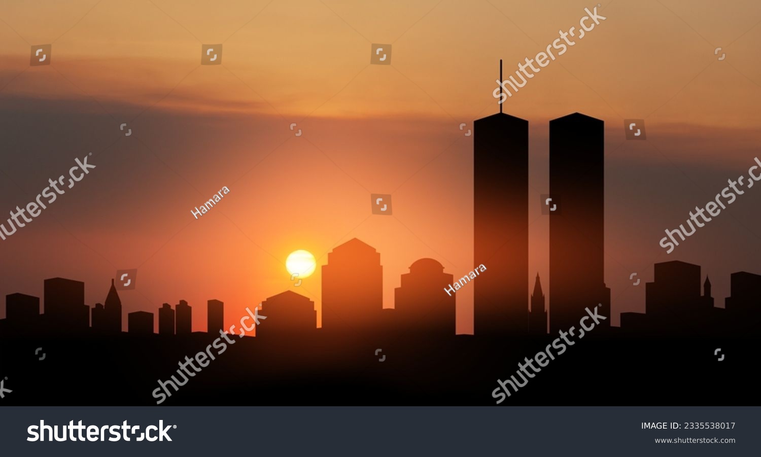 New York skyline silhouette with Twin Towers at sunset. 09.11.2001 American Patriot Day banner. #2335538017