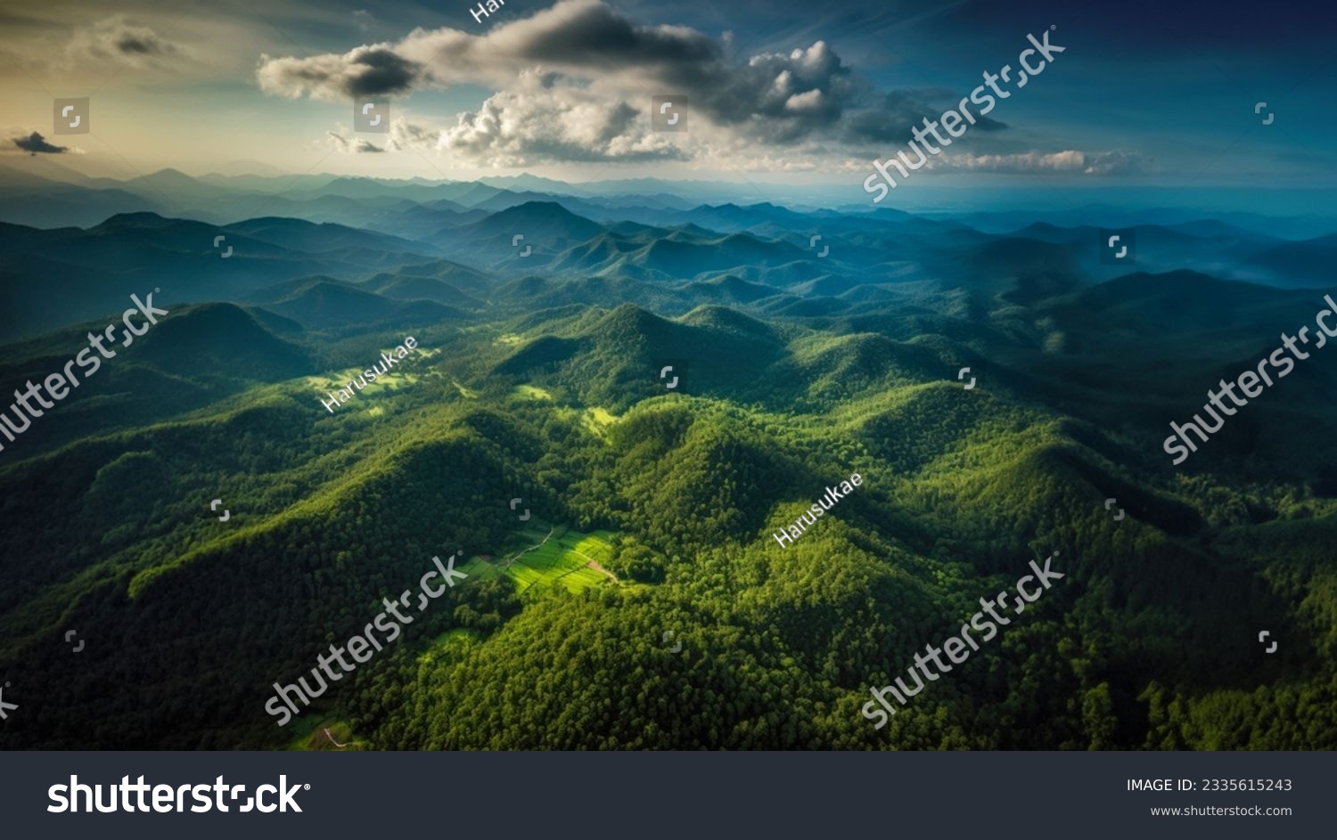 Aerial top view forest tree, Rainforest ecosystem and healthy environment concept background, Texture of green tree forest view from above, Beautiful sunrise over the mountains of western Thailand. #2335615243