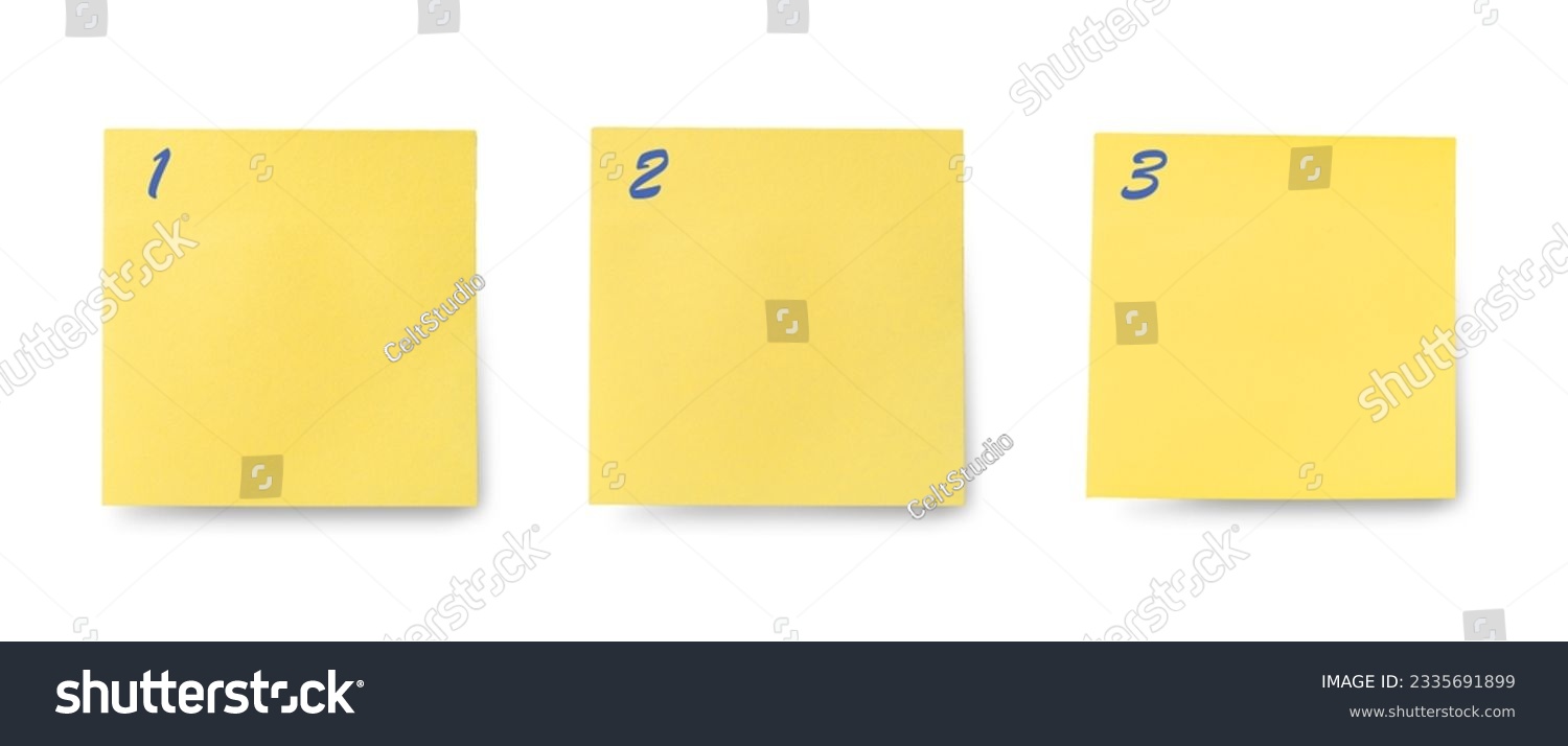 instruction mockup. 1, 2, and 3 order numbers on blank yellow sticky notes with copy space, priority, process, or instruction. plan point by point #2335691899