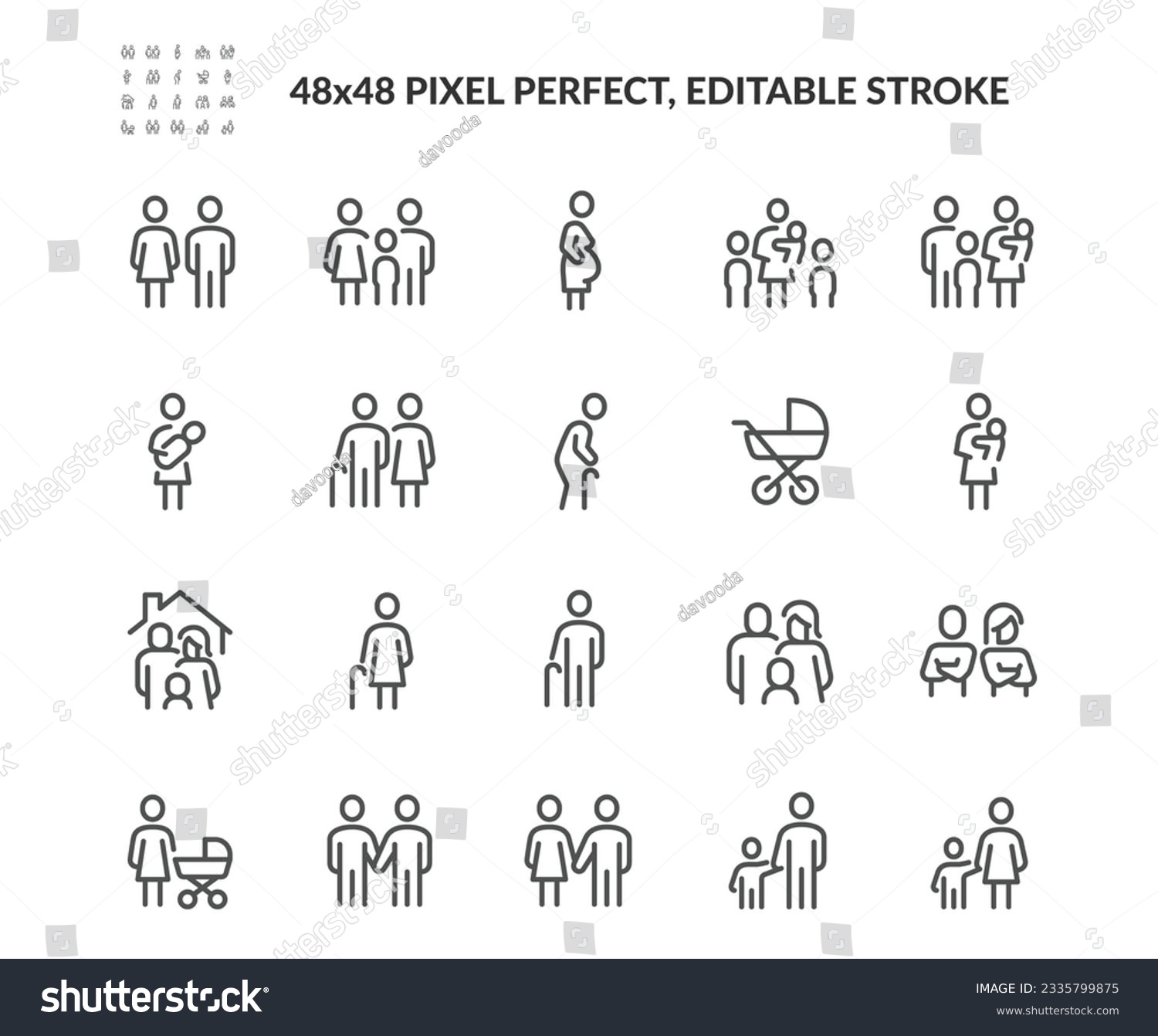 Simple Set of Family Related Vector Line Icons. Contains such Outline Icons as baby carrier, family home, pension and more. Editable Stroke. 48x48 Pixel Perfect. Davooda Style. Drawn by real human. #2335799875
