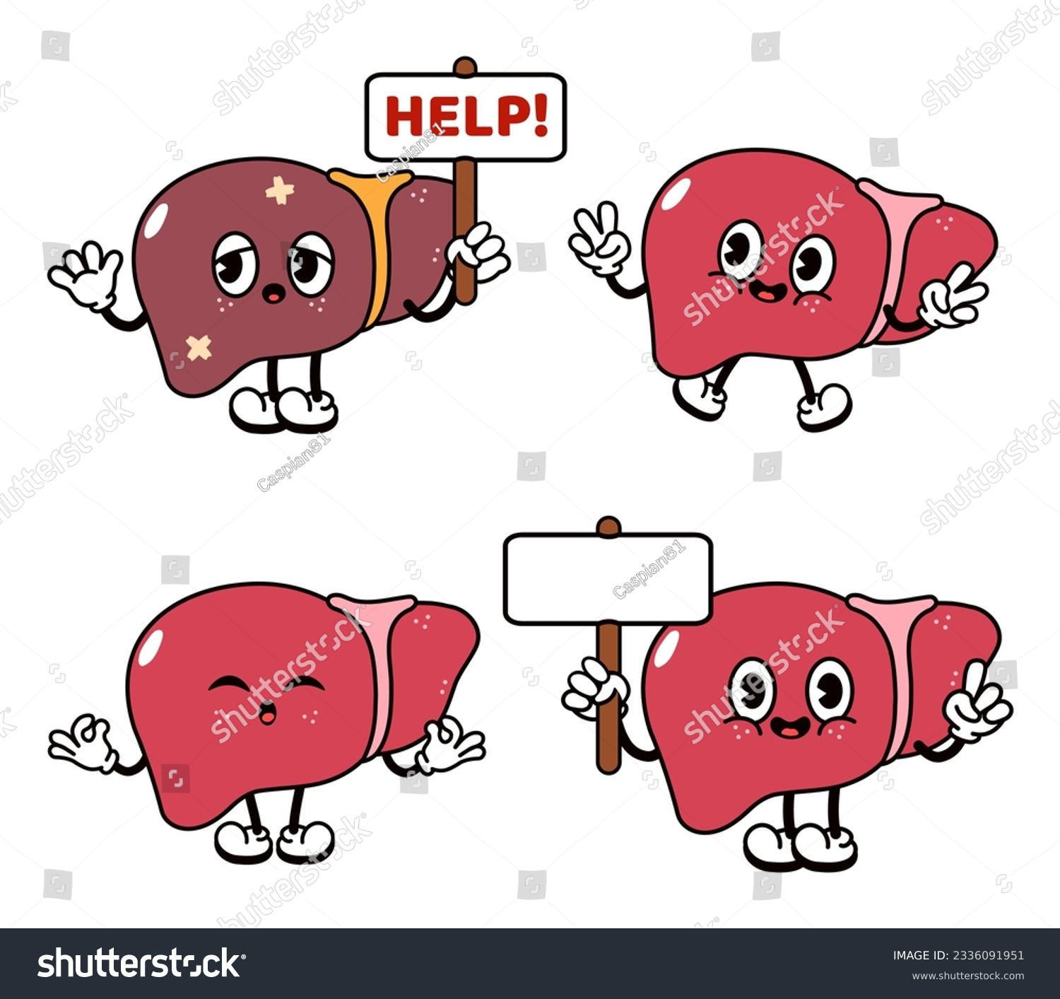 Funny happy Liver characters bundle set. Vector hand drawn doodle style traditional cartoon vintage, retro character illustration icon design. Isolated white background. Cute Liver mascot character #2336091951