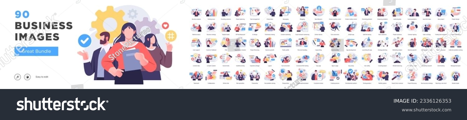 Business Concept illustrations. Mega set. Collection of scenes with men and women taking part in business activities. Vector illustration #2336126353