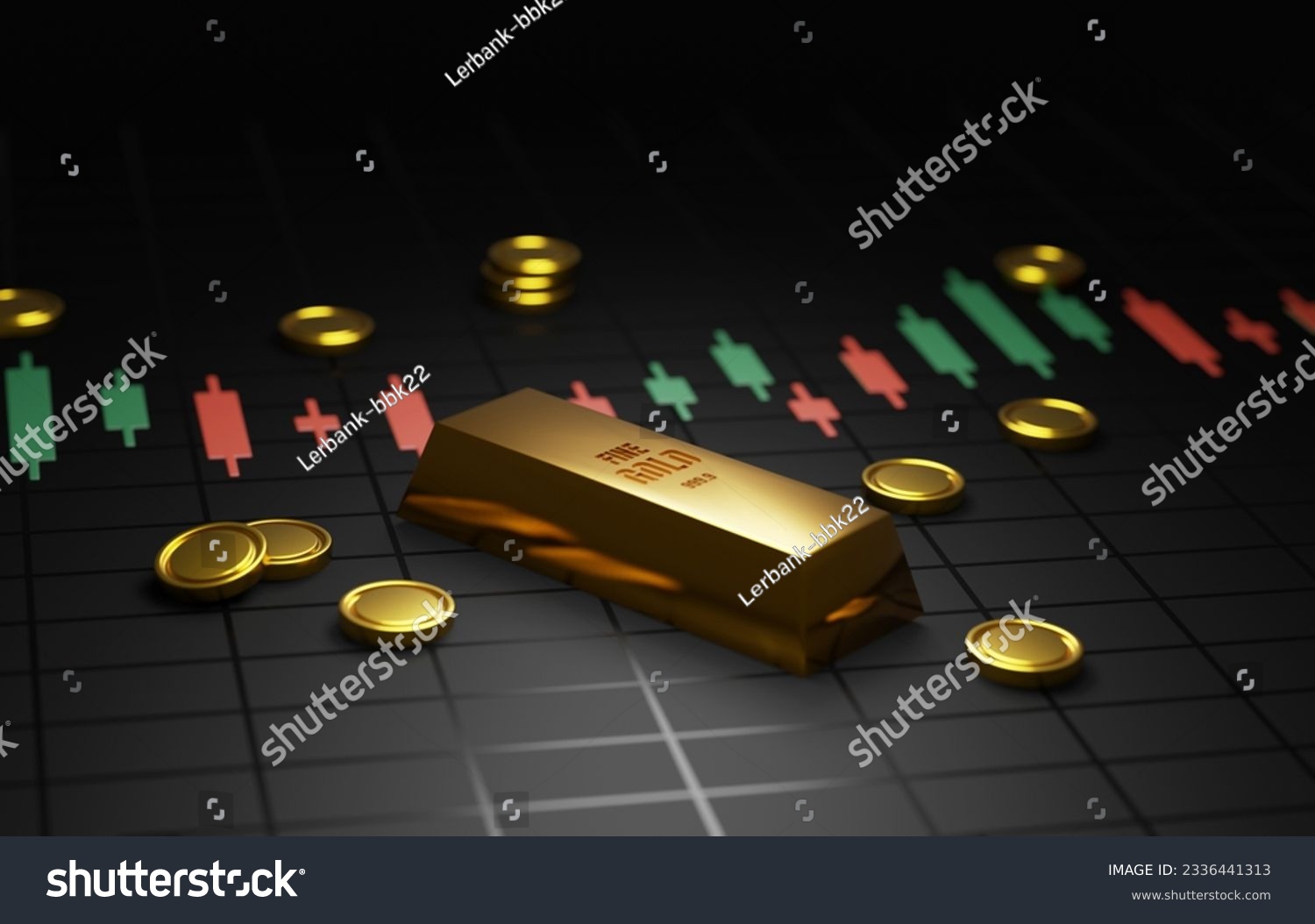 Discover the allure of financial prosperity with this stunning 3D render. Gold bars and coins on a candlestick graph against a black background symbolize wealth, success, and investment opportunities. #2336441313