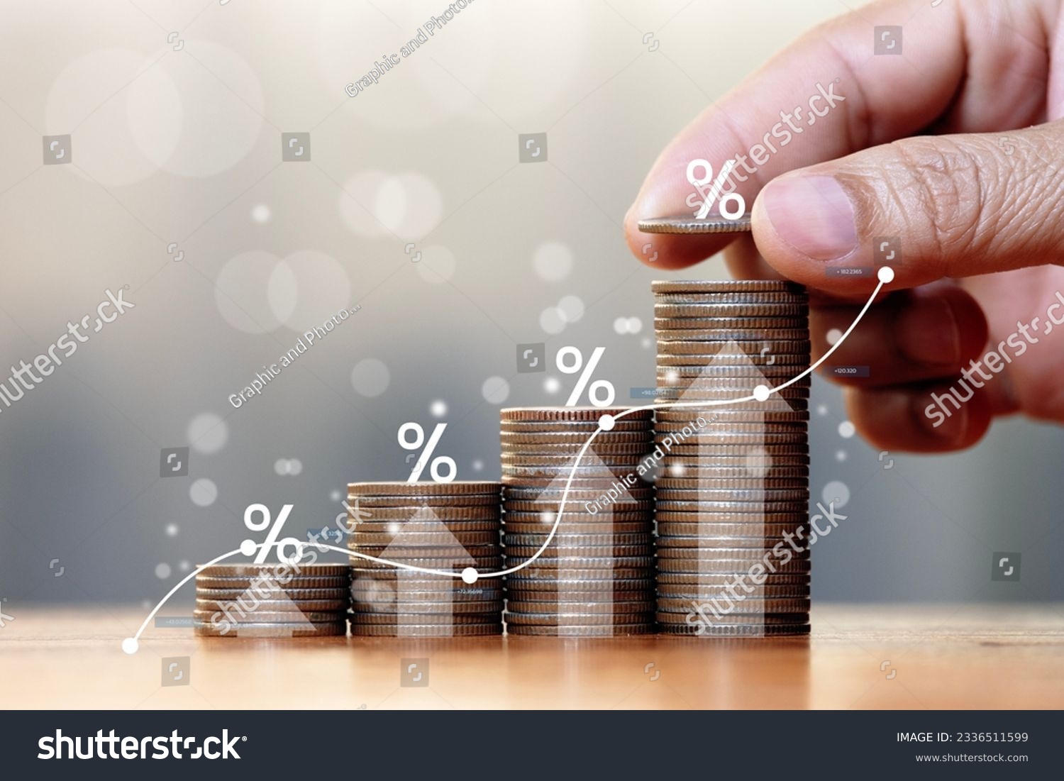 interest rate concept Business growth. Profit. Hand placing coin upward gradient with percent symbol. #2336511599