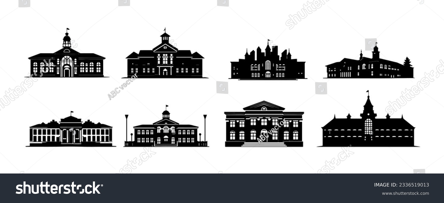 Silhouette of scholl building isolated on white background. Architecture college or university symbol vector illustration #2336519013