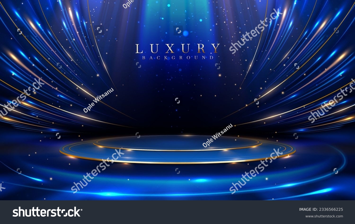 Empty podium golden on blue background with light neon effects with bokeh decorations. Luxury scene design concept. Vector illustrations. #2336566225