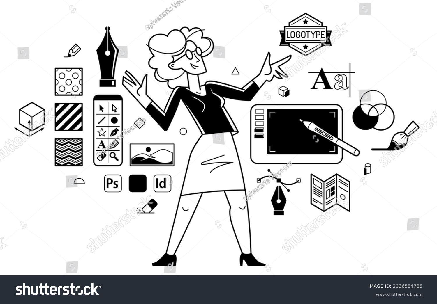 Graphic designer doing some creative job using computer software, digital visual artist working on a project vector outline illustration, composing and editing. #2336584785