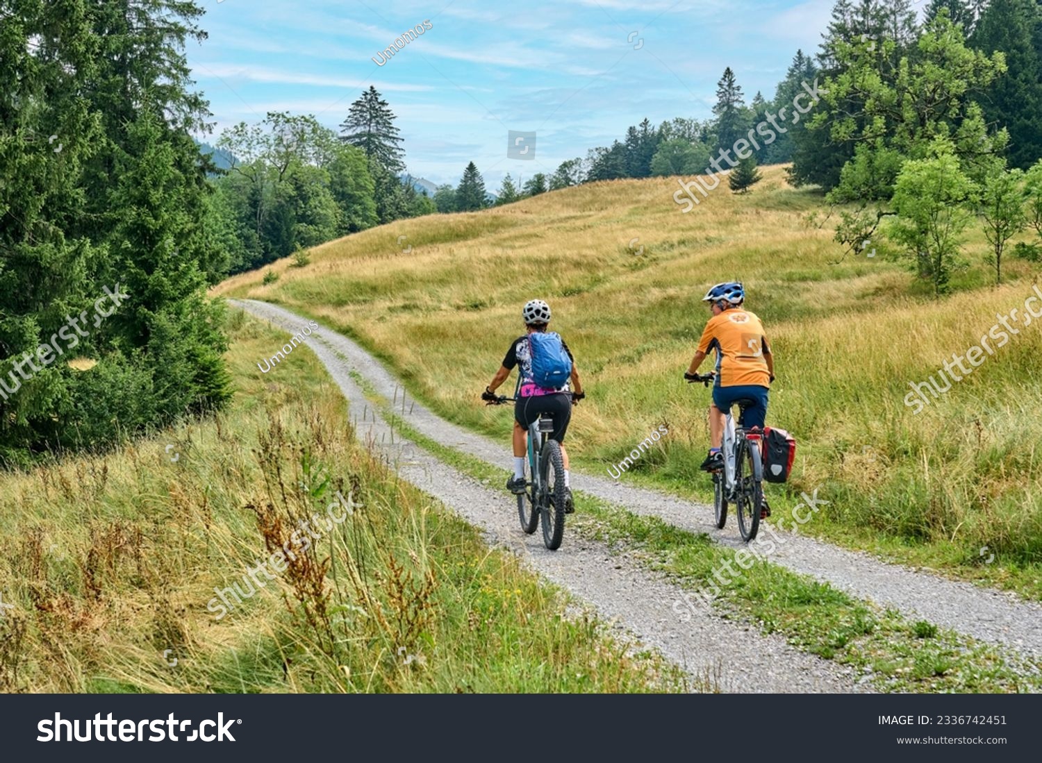 two senior girlfriends having fun during a cycling tour in the Allgau Alps near Oberstaufen, Bavaria, Germany #2336742451