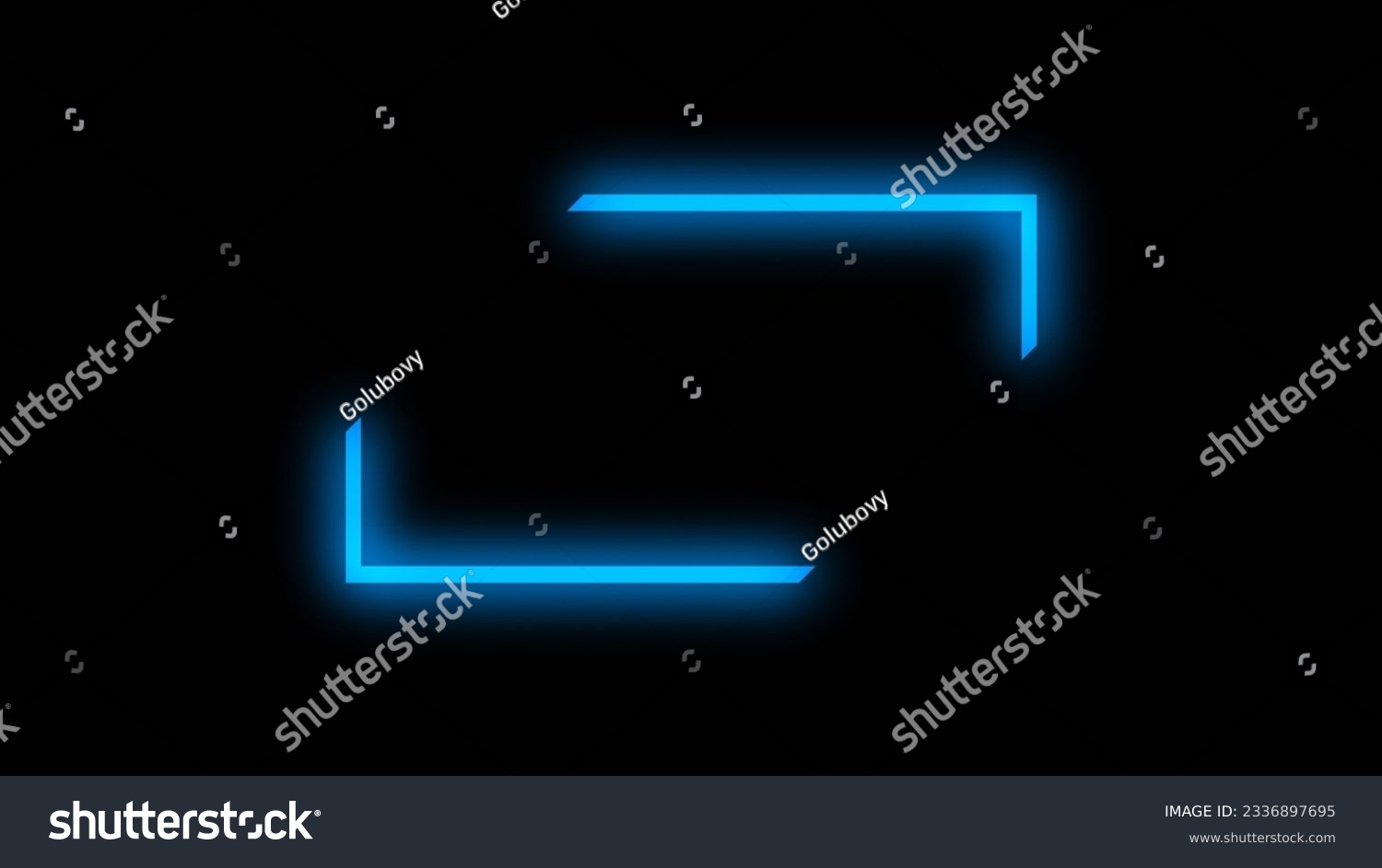 Blur neon frame. Glowing background. Defocused blue color led light flare square angle corners design on dark black abstract geometric empty space. #2336897695