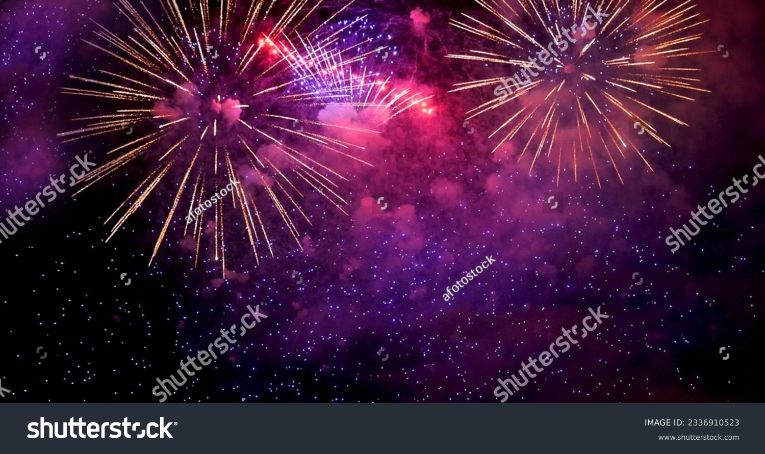 Purple Firework celebrate anniversary happy new year 2024, 4th of july holiday festival. Purple firework in night time celebrate national holiday. Violet firework Countdown to new year 2023 festival #2336910523