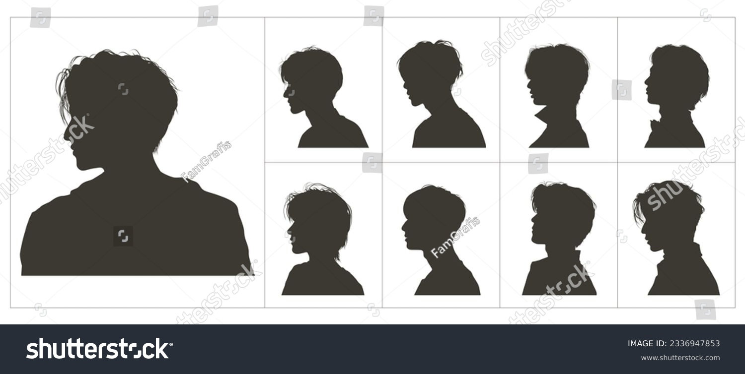 boy head silhouette vector set side view, korean guy haircut silhouette, korean hairstyle. silhouettes people, silhouettes men. #2336947853