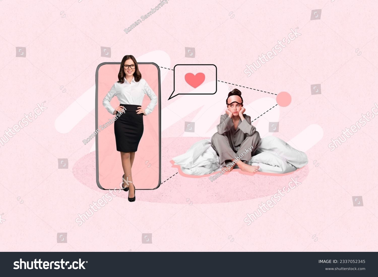 Creative collage of mini positive elegant unsatisfied pajama girls big smart phone display like notification isolated on pink background #2337052345