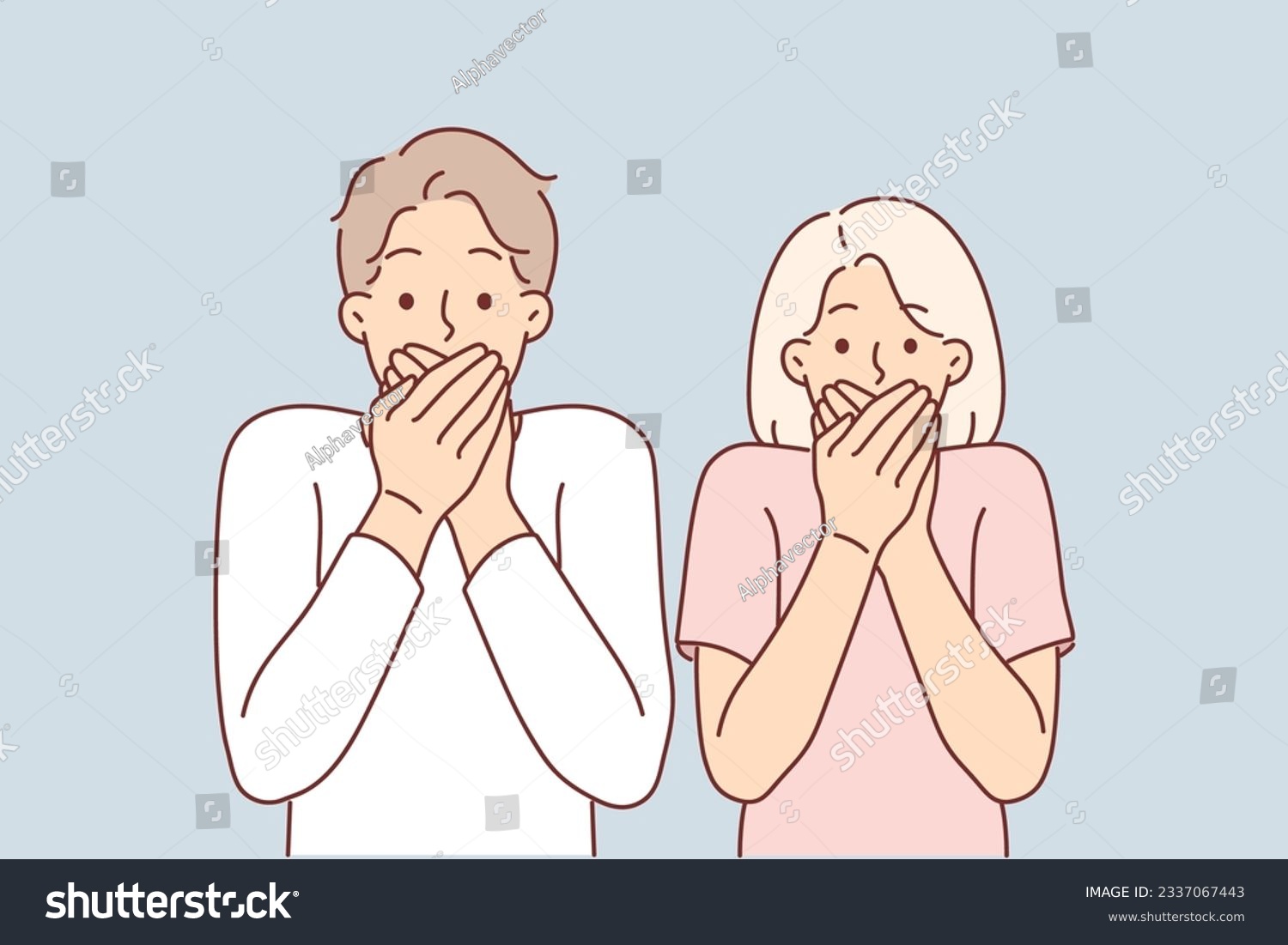 Frightened couple covers mouths after seeing - Royalty Free Stock ...