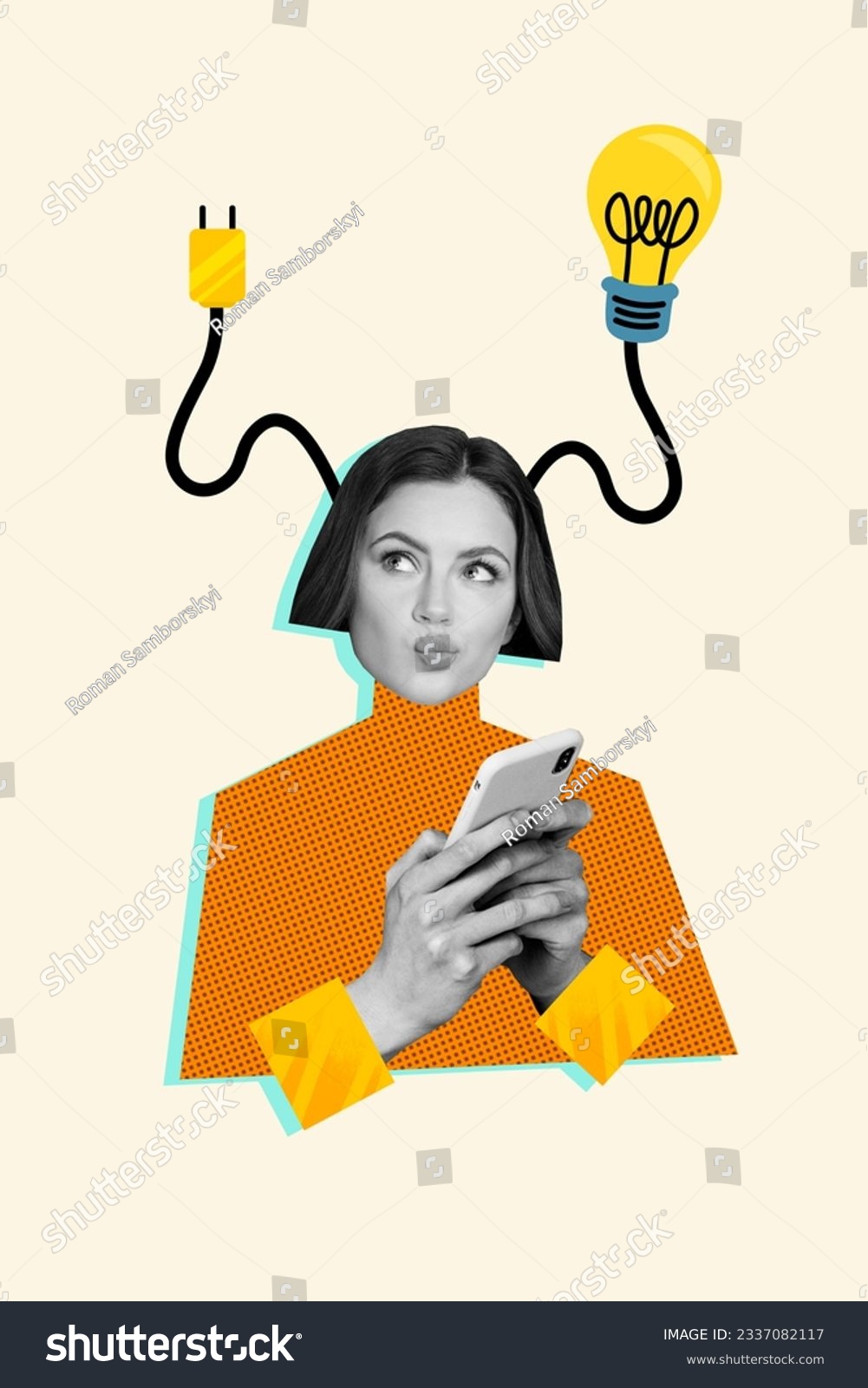 Vertical collage picture of black white colors minded girl hold smart phone light bulb plug cord head isolated on beige background #2337082117