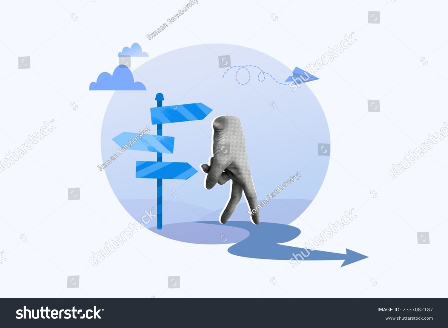 Collage picture of walking black white colors arm fingers road sign pointer navigation arrow way flying paper plane isolated on creative background #2337082187