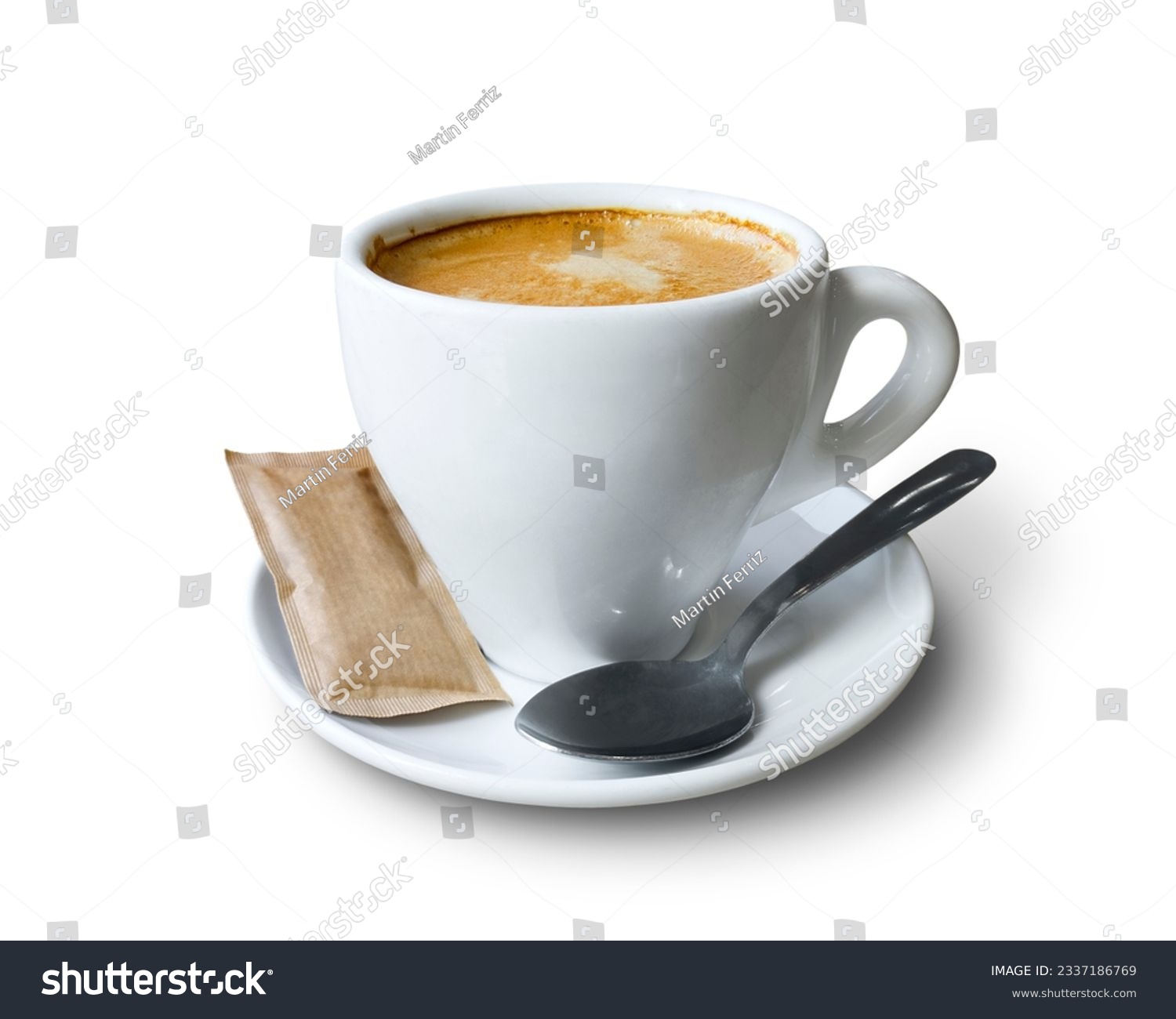 Coffee cup with saucer, teaspoon and a pack of brown sugar isolated on empty background #2337186769