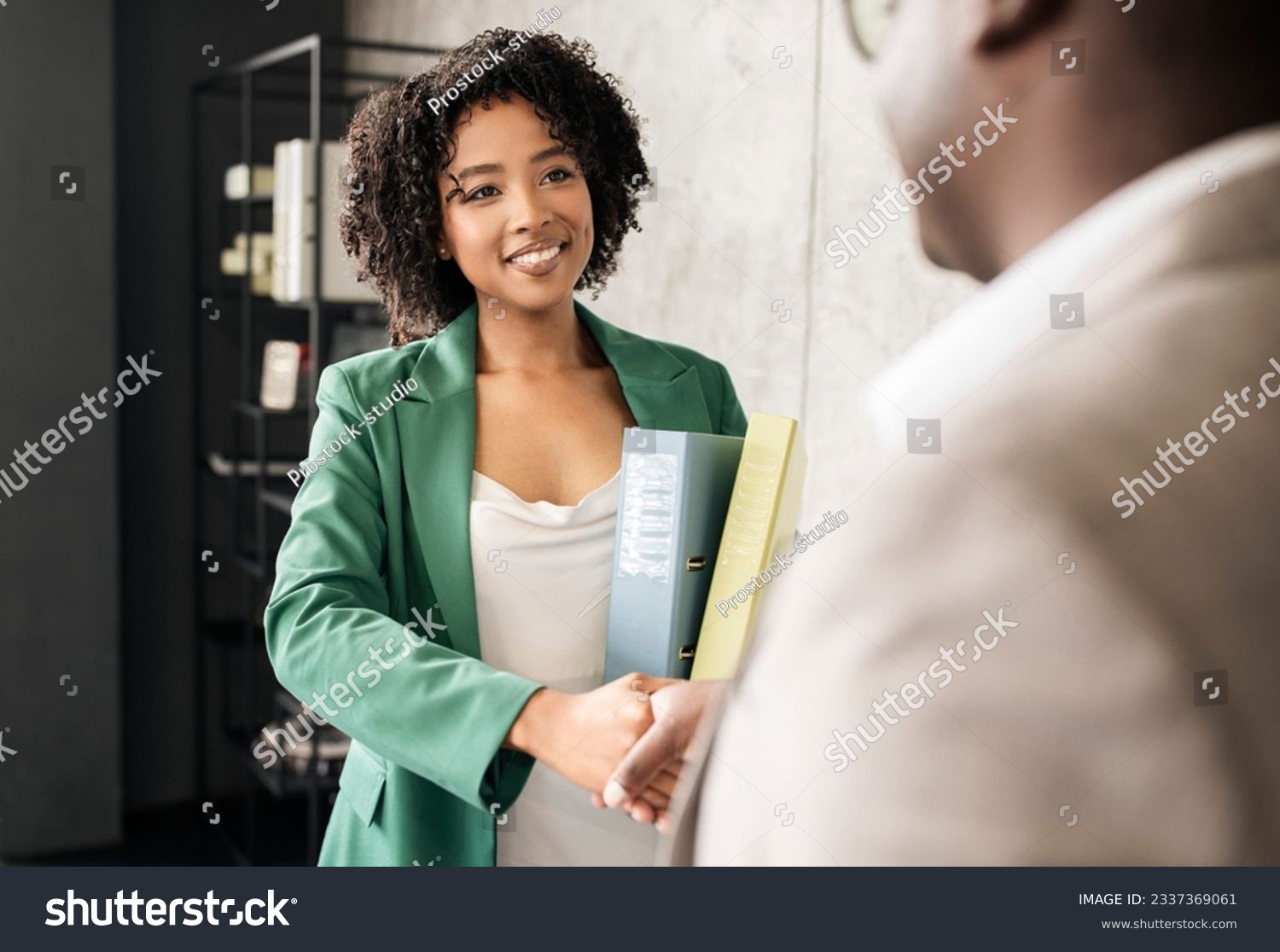 Employment Concept. Smiling Black Manager Woman Handshaking With Man Meeting For Job Interview Standing In Modern Office, Selective Focus. Business Partnership And Employee Recruitment #2337369061