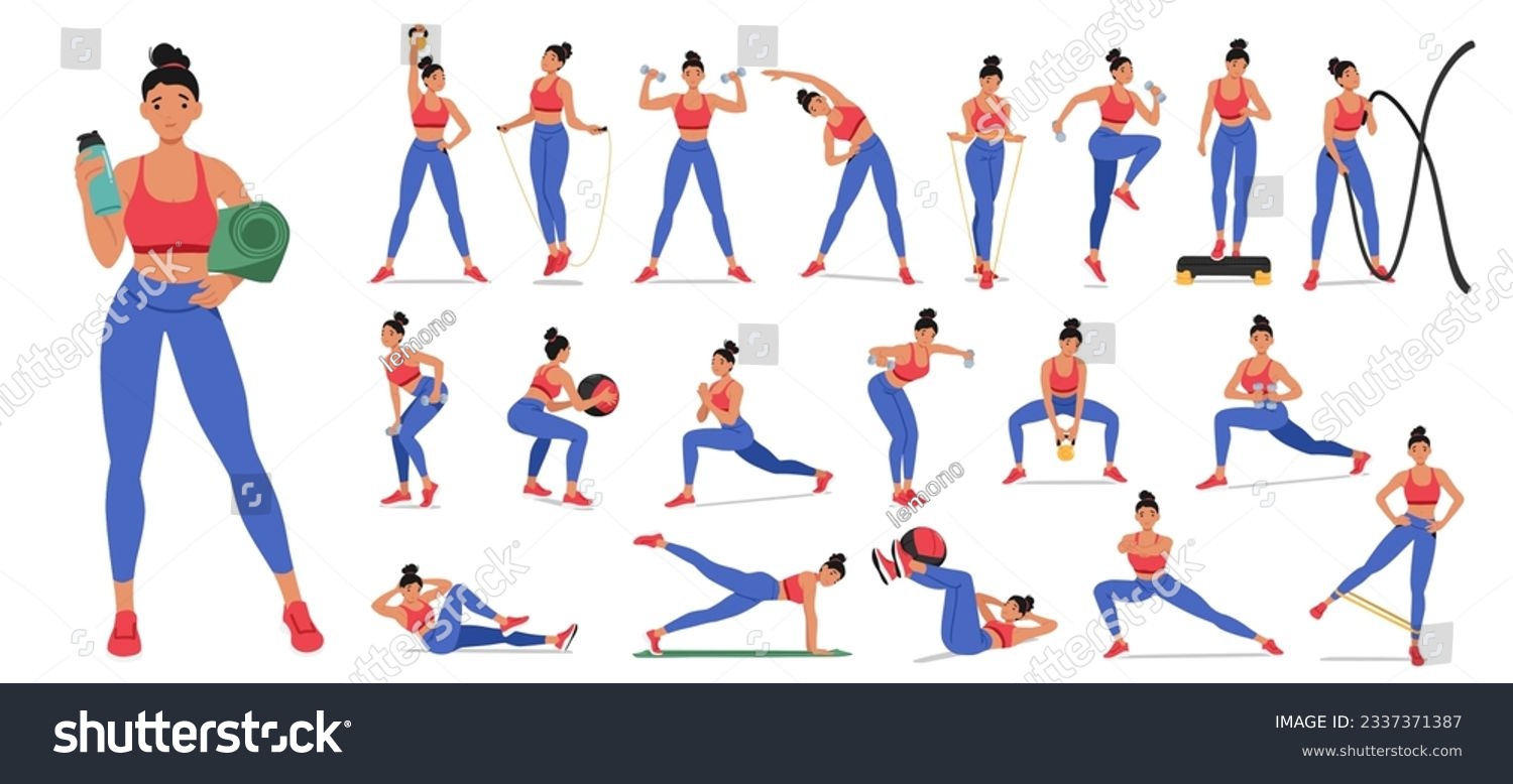 Active Woman Engaged In Fitness Activities, Demonstrating Strength, Flexibility, And Endurance Through Exercises Such As Weightlifting, Yoga, Running, And Cardio Workouts. Cartoon Vector Illustration #2337371387
