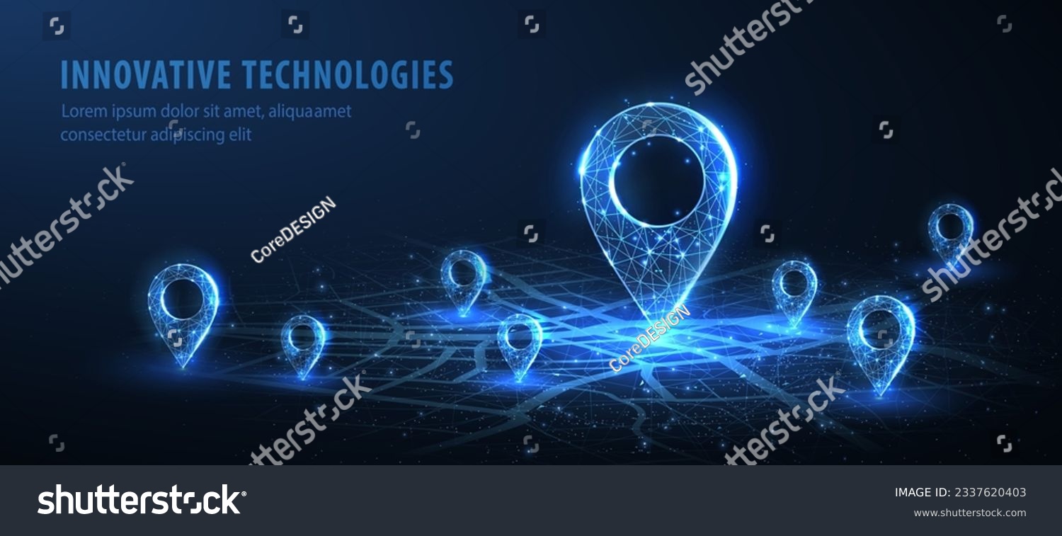 One big abstract pin icon on the city map with a few small pins. Transportation delivery, map location, transport logistics, tourism navigation, concept. Gps navigation, new location. Blue background #2337620403