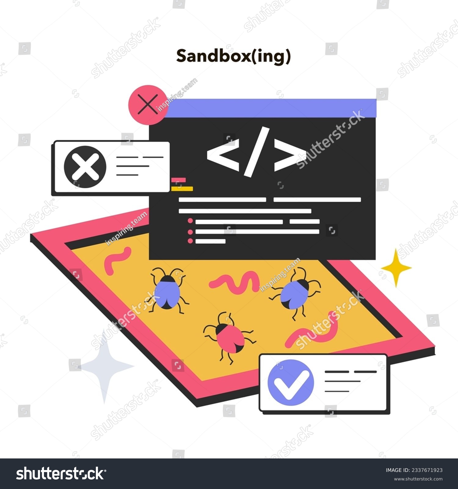 Sandboxing. Security mechanism for isolation and separation of running programs. System failures and software vulnerabilities detection. Flat vector illustration #2337671923