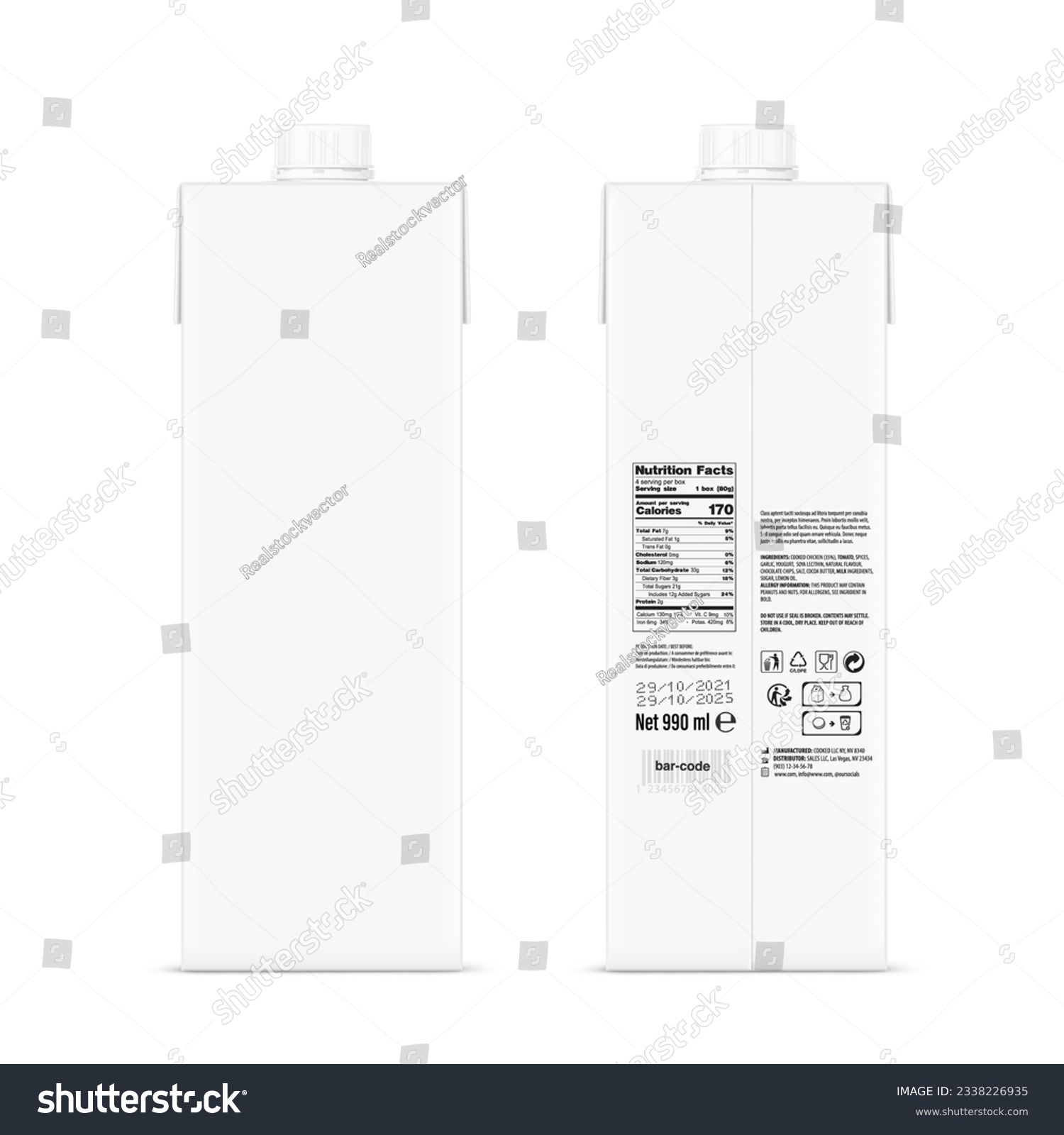 Realistic universal white box mockup with a screw cap. Front and rear side. Vector illustration isolated on white background, ready and simple to use for your design. EPS10. #2338226935