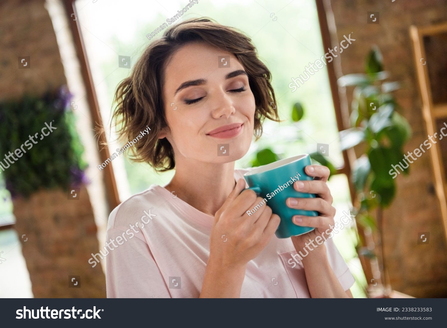 Harmony delight daydream photo relaxed young lady pleased drinking favorite cacao every day good morning in office workplace background #2338233583